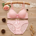 2pcs/set Solid Color Lace Bow Sexy No Steel Rings Comfortable Girls Bra Gather Adjustable Bra Panties Set Teen Underwear Puberty