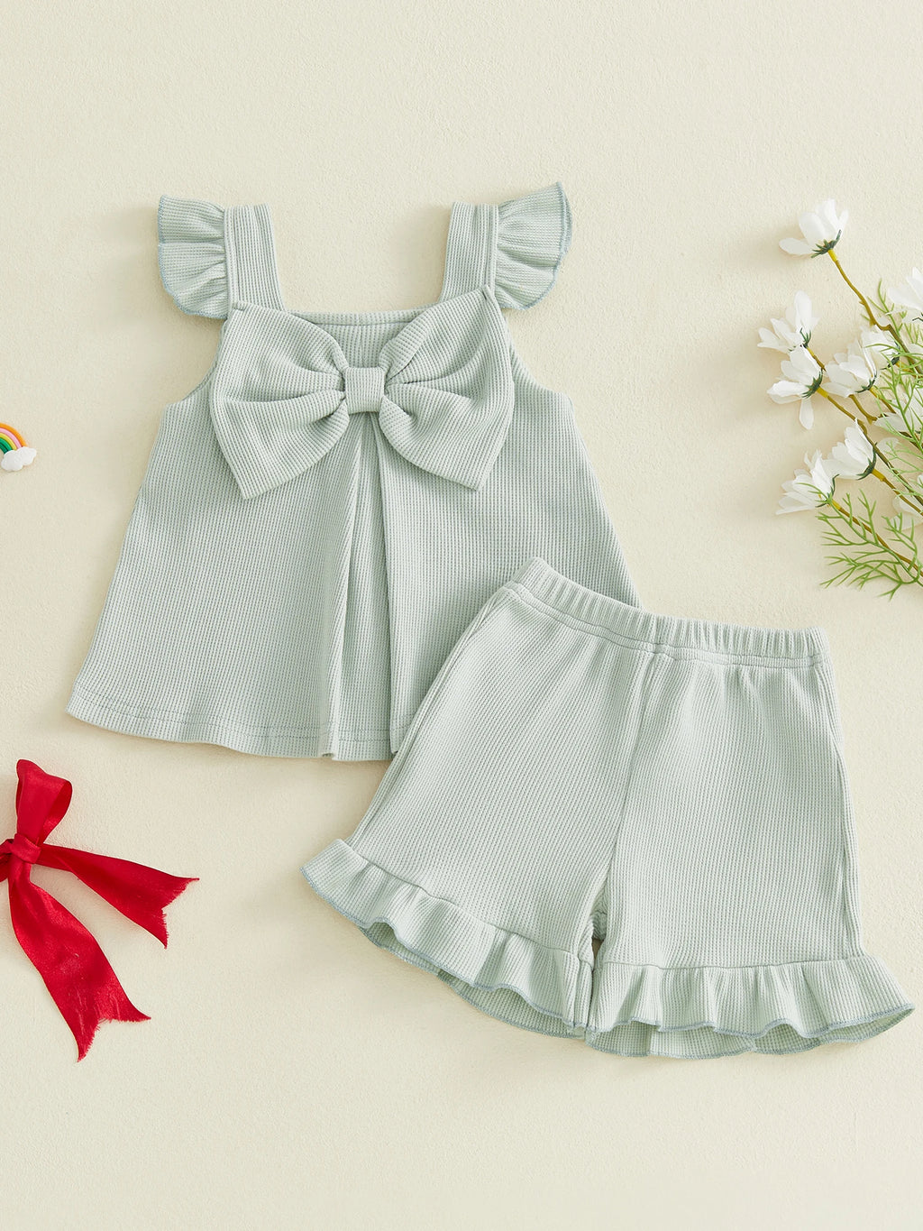 Summer Kids Girls Outfits Solid Color Flying Sleeve Tops Shorts Casual Clothes Set