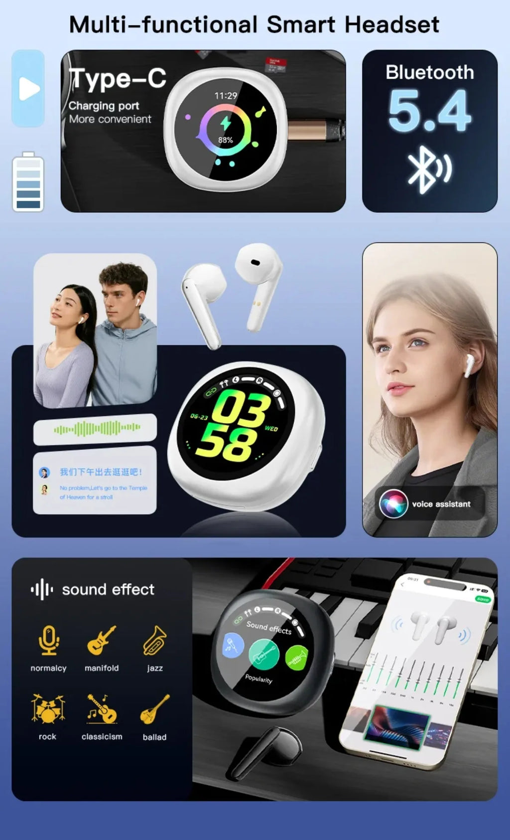 Wireless Bluetooth Translation Headphones with Touch Screen ANC ENC Noise Cancellation 164 Languages Translator Lifetime Free