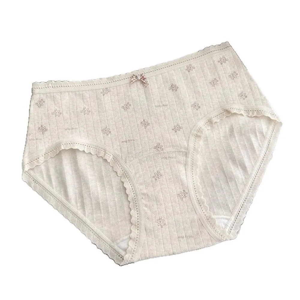 Lingerie Mid-waist Underwear for Women Bear Bow Sweet Floral Panties Underpants Grid Cotton Briefs Summer