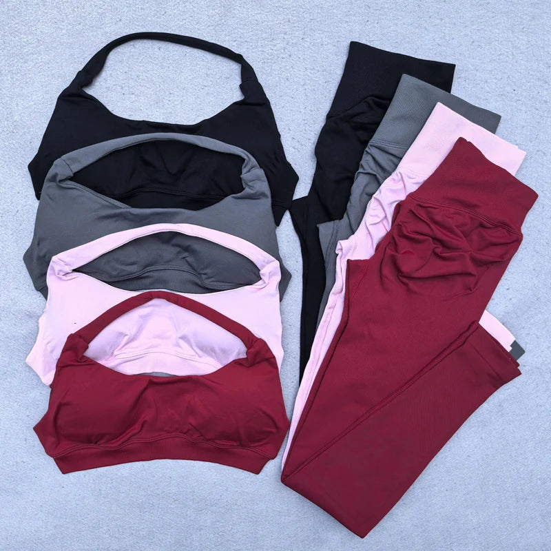 2 Pieces Yoga Set Women Seamless Scrunch Leggings Set Halter Sports Bra Fitness Gym Set Workout Clothes Sportswear
