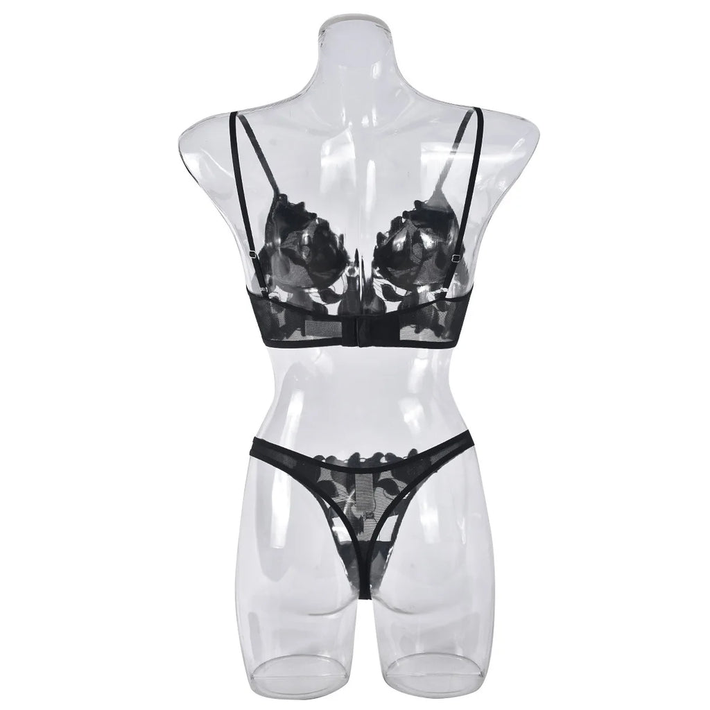 Sexy French Deep V Embroidery Mesh Lingerie Set Autumn Women's Ultra-thin Lace Bra and Panty Set Female Solid See Though Bra