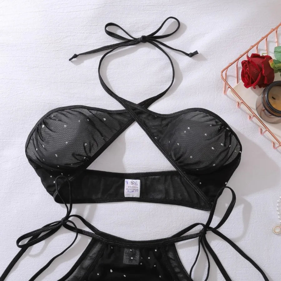 Lingeries Sexy Hot Women Black Cross Halter Hollow Bra Brief Skirt Starry Transparent Underwear Set 3 Piece Erotic Lingerie Sets