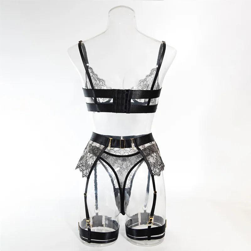 European And American Women Transparent Bra Underwear Set Embroidered Metal Buckle Strap Bra Body Shaping Fashion Underwear