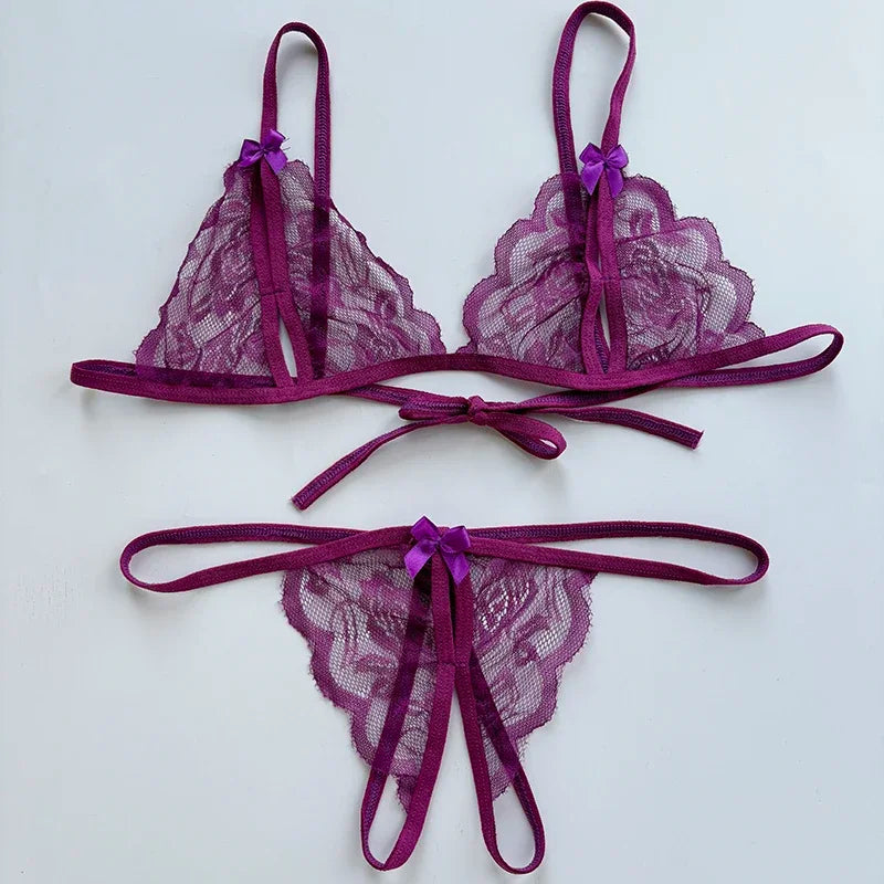 Sexy Lace-up Lingerie Set Women Hot Open Crotch Transparent Sexy Bra and Panty Sets Sex Temptation Erotic Couples Date Underwear