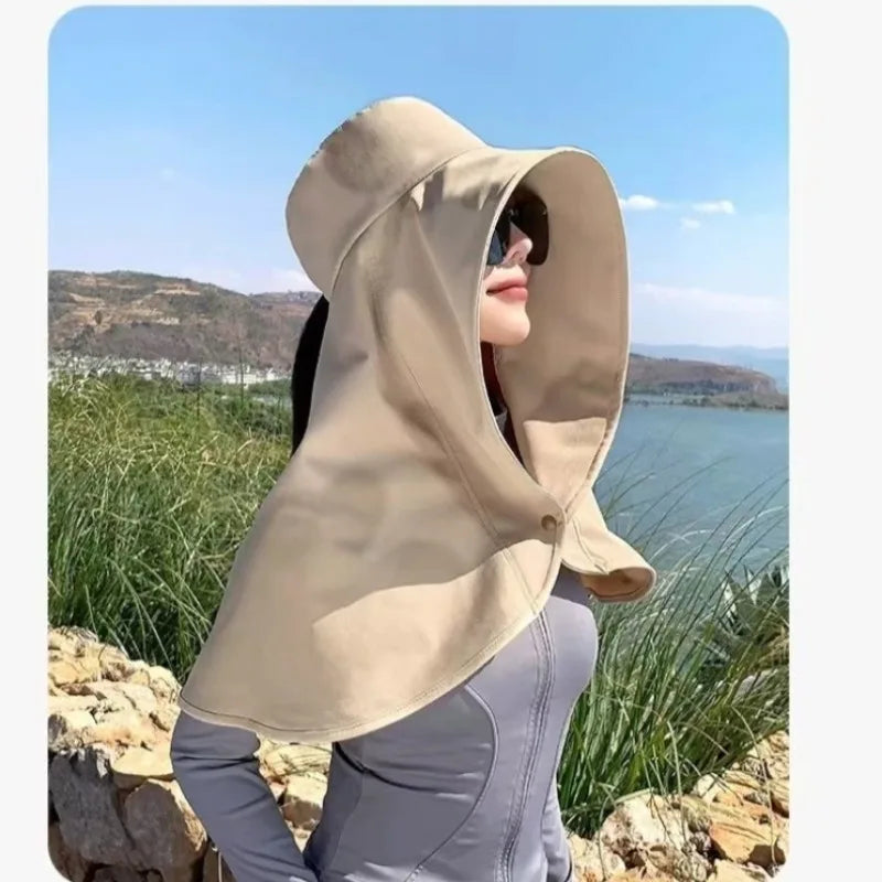 Summer Hats for Women Outdoor UV Anti Neck Protection Sun Visors for Lady Fishing Hiking Wide Brim Shawl Sunscreen Ponytail Cap