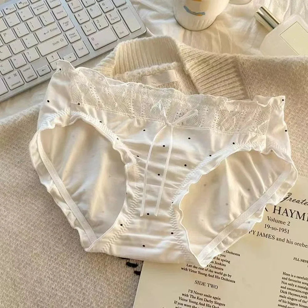 Lingerie Mid-waist Underwear Women Ruffle Patchwork Cotton Bow Briefs Dots Underpants Sweet Panties Summer