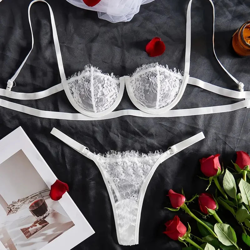 Erotic Lingerie Sexy Bra Pearl Bow Exposed Breast Panty Ribbon Underwear Set Woman Clothing Attractive Open Chest G-string Sets