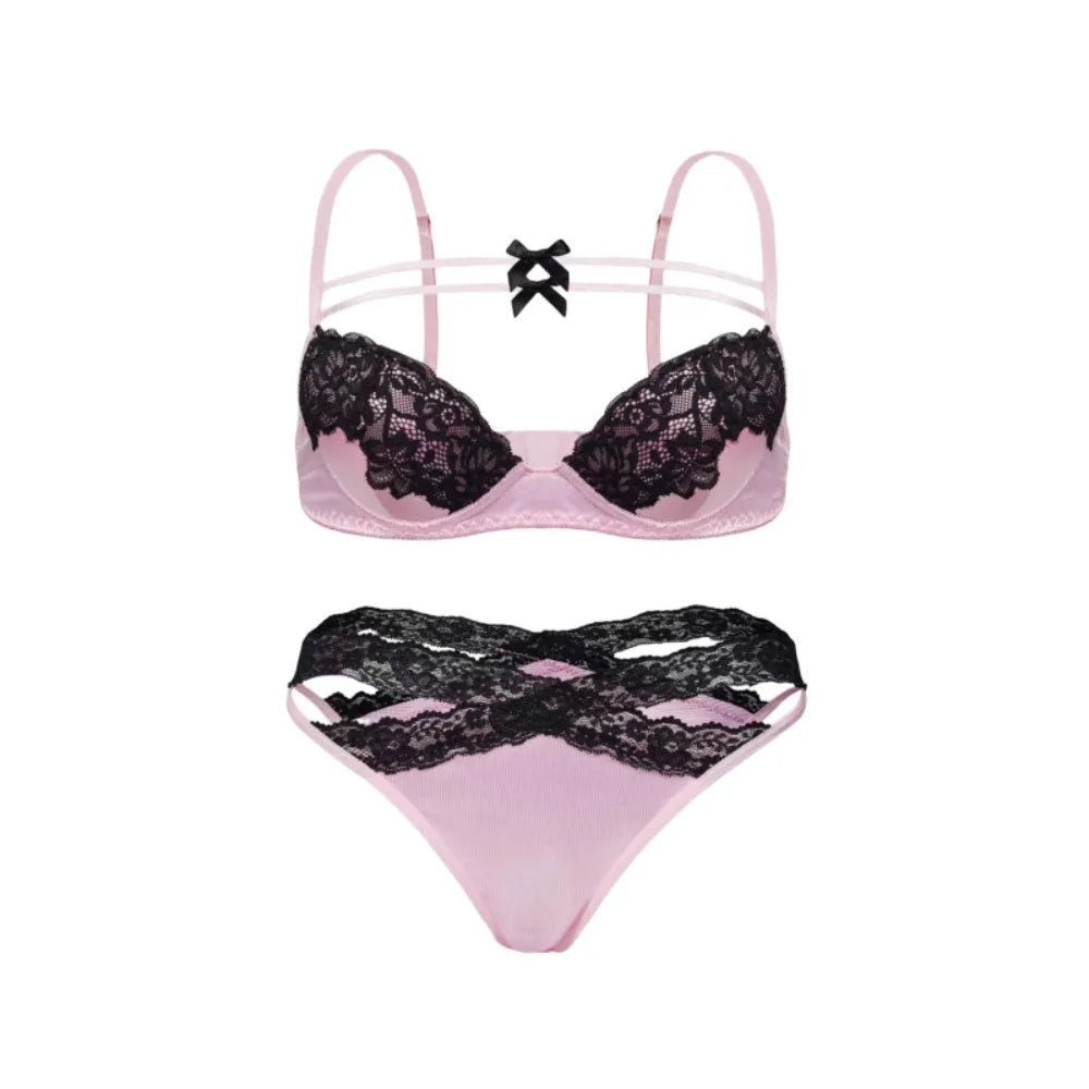 Women Underpants Low Waist Mesh Hollowed Bow Panties and Bra Set Breathable Briefts Lace Push Transparent Lingerie
