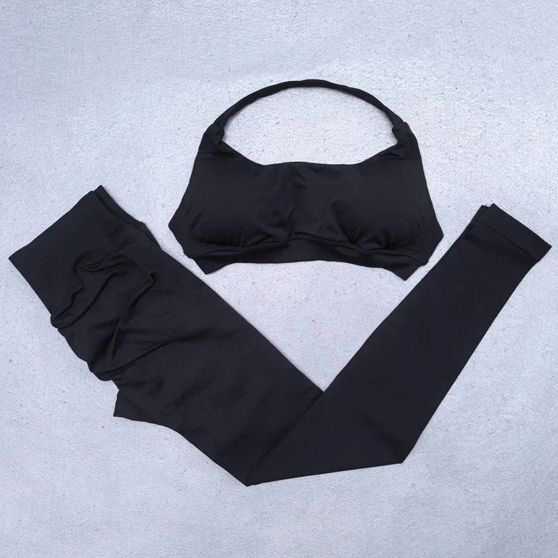 Gym Set 2pcs Women Backless Yoga Bra Top Workout Scrunch Pants Sports Suit Fitness Clothes Seamless Outfits Yoga Leggings