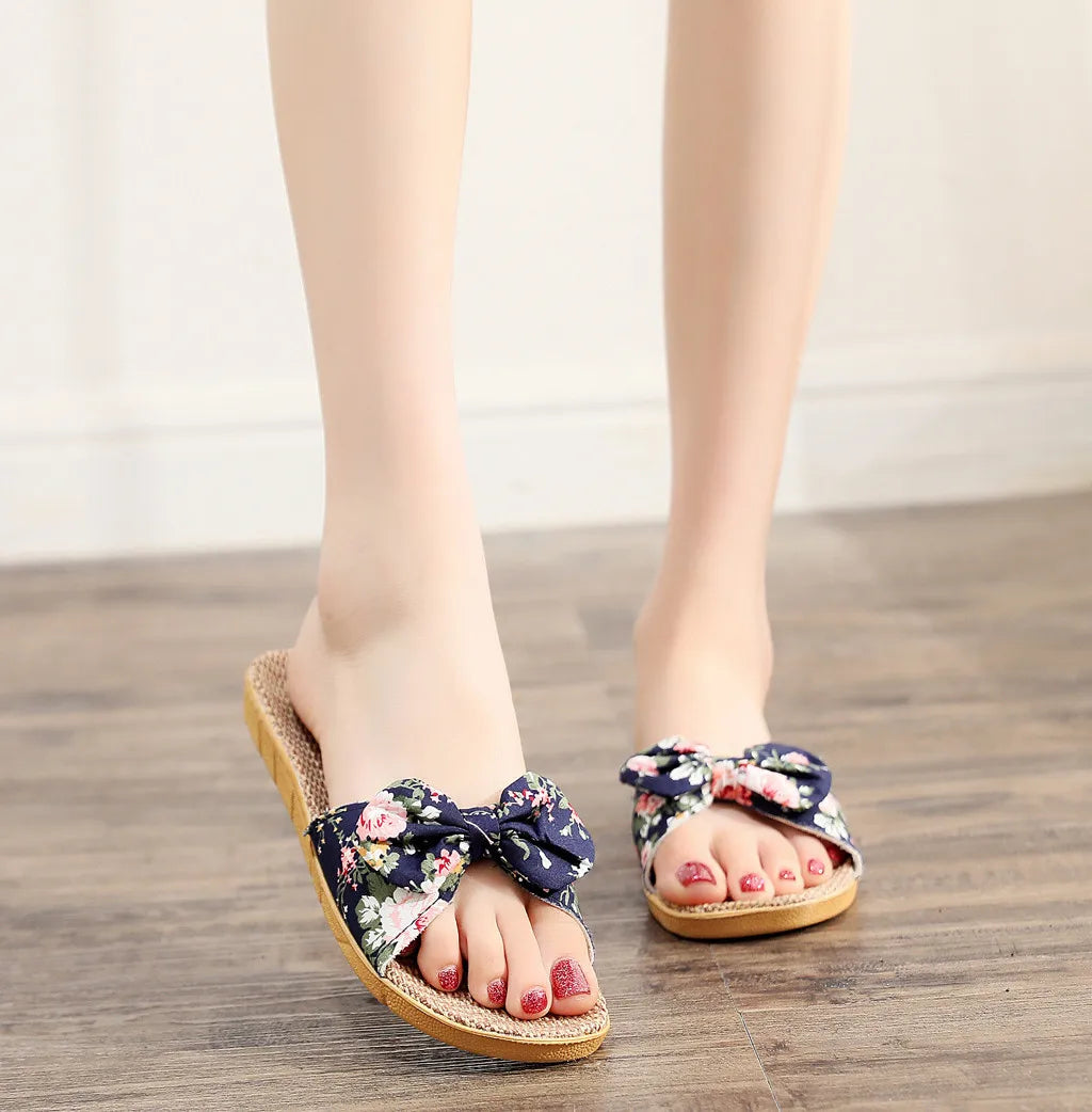 Shoes For Woman Sandalias Mujer Women Female Bowknot Flax Linen Flip Flops Beach Shoes Sandals Slipper Chaussures Femme