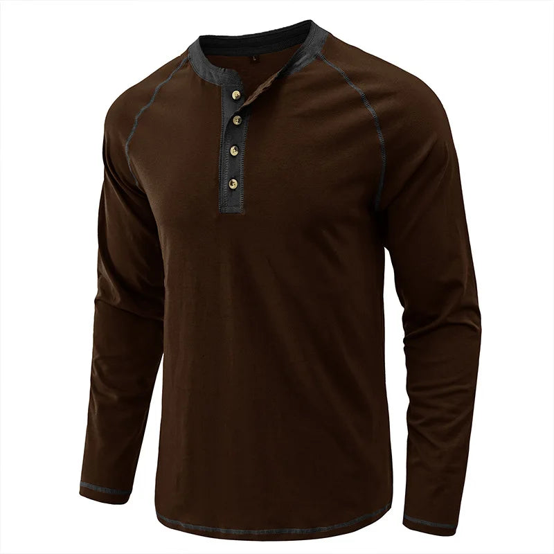 Summer  Autumn Men's American Heavy Cotton Henry Shirt  Long Sleeve Fitness Tough Guy T-Shirt Casual  T Shirt for Men Clothing