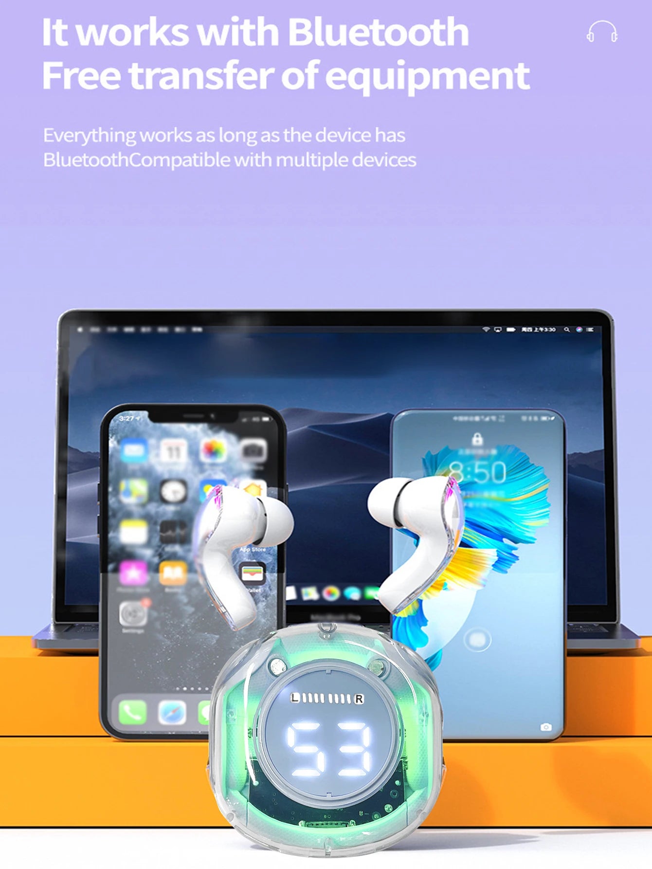 In-ear Bluetooth earphones, battery level display eardphones, long battery life and low latency