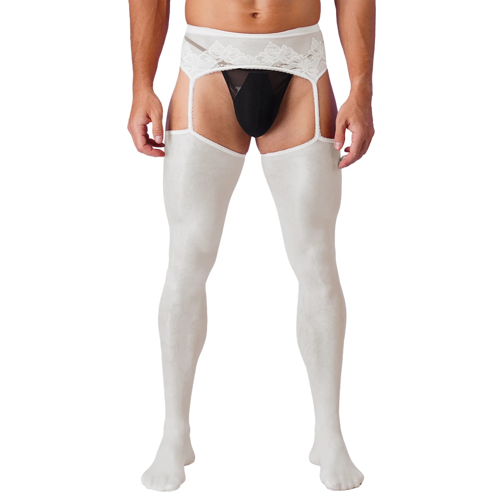 Lingerie Mens Ultra Thin Mesh Leggings Gays Pantyhose Floral Lace See Through Underpants Garter Stockings for Night Dating Wear