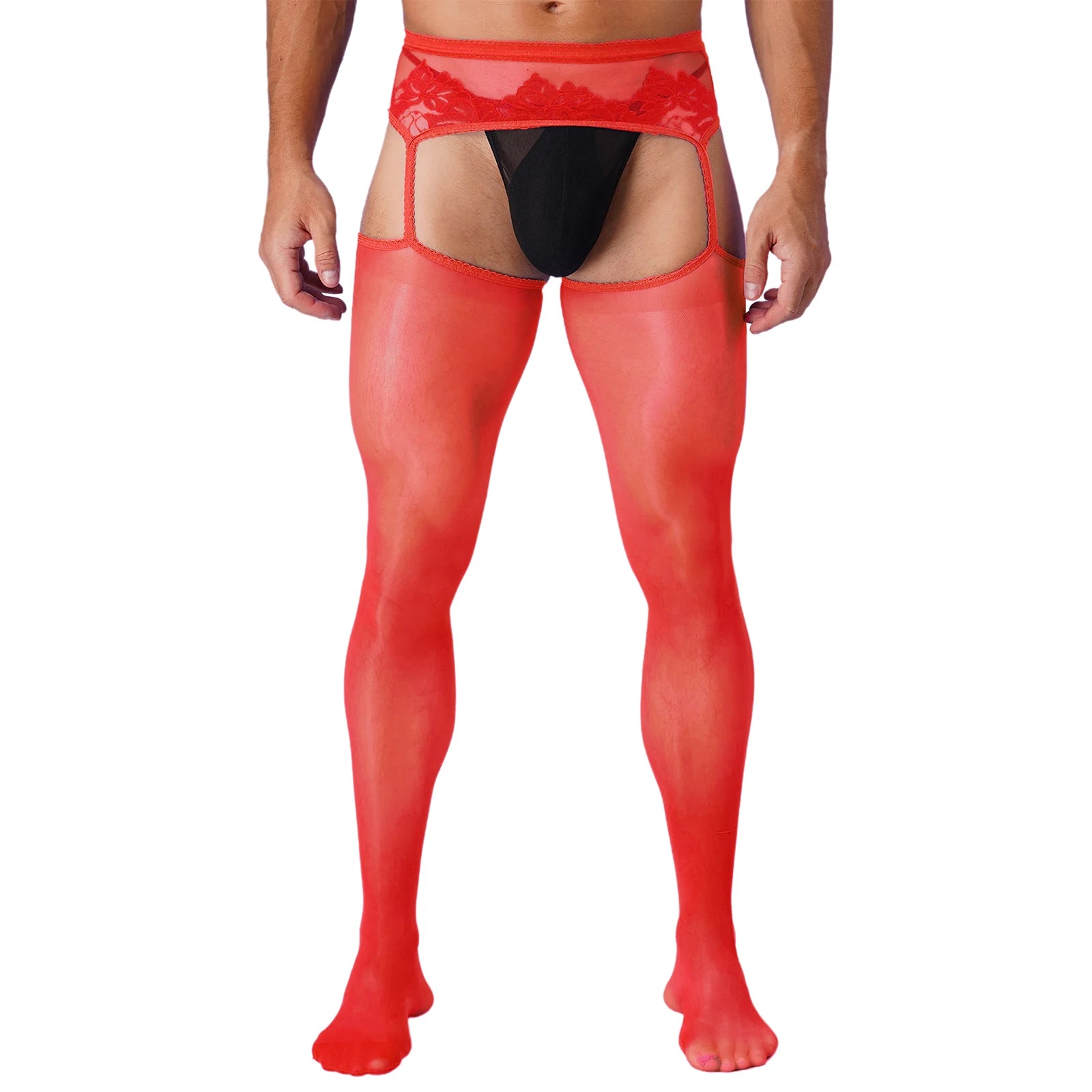 Lingerie Mens Ultra Thin Mesh Leggings Gays Pantyhose Floral Lace See Through Underpants Garter Stockings for Night Dating Wear