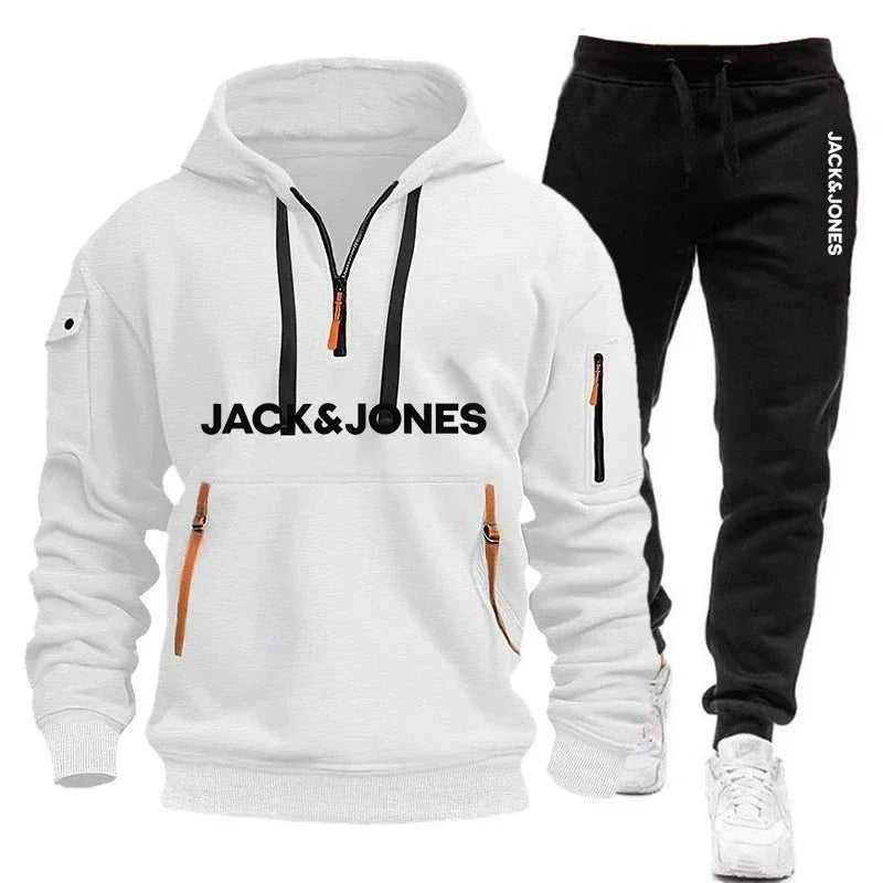 A two-piece outdoor fashion jogging and fitness set for men in autumn and winter, featuring a hooded sweatshirt and casual pants