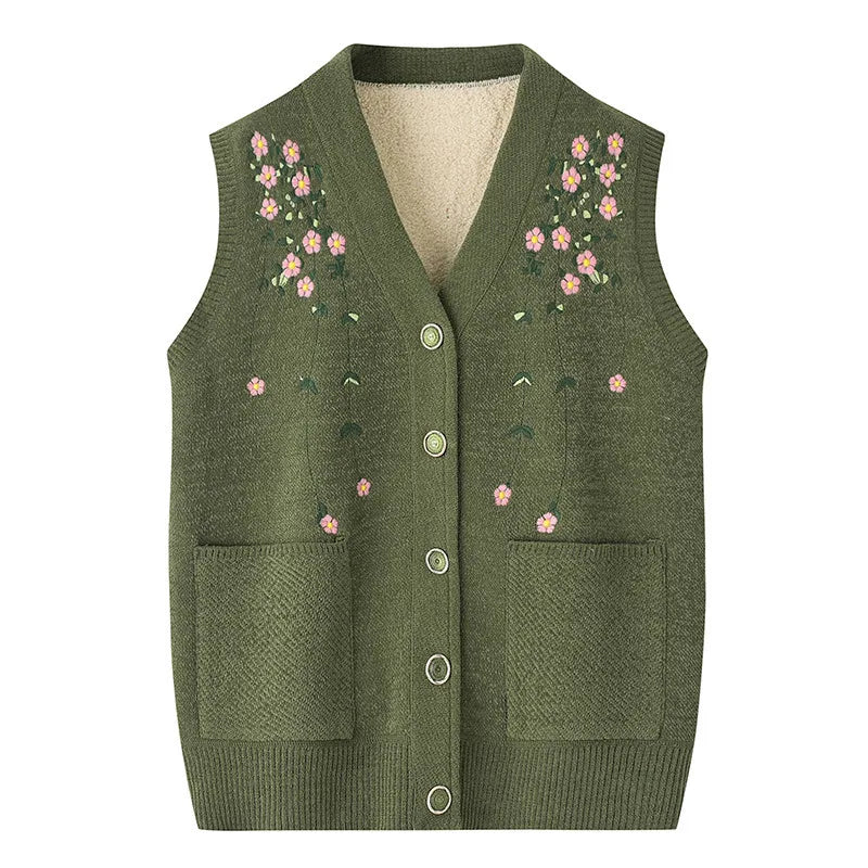 Grandma's Vest Autumn Winter Embroidered Middle Aged Mother's Outfit Cardigan Jacket Knitwears Sweater Women Wool Velvet Sueter