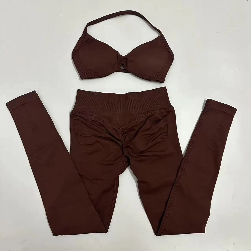 eamless Yoga Set Women Yoga Scrunch Leggings Set Strappy Halter Sports Bra Fitness Gym Clothing Workout Set