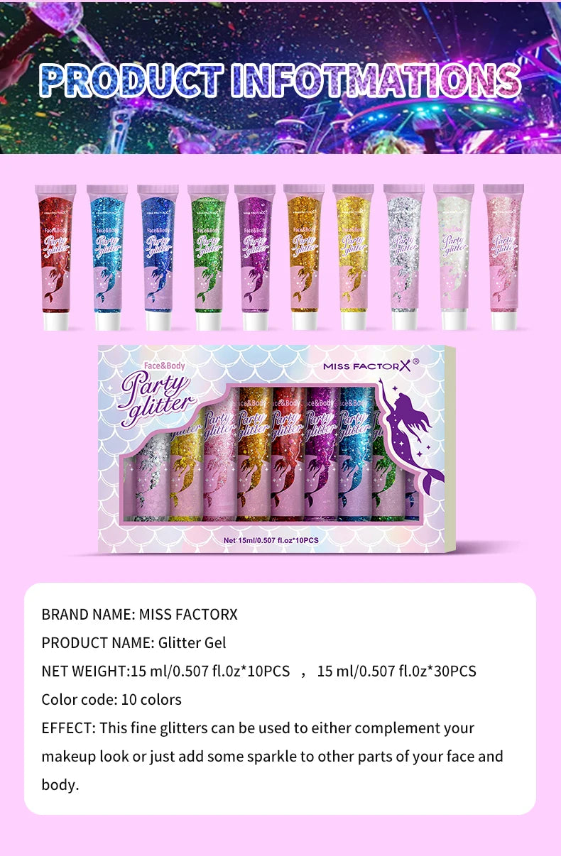 10 piece body glitter gel, carnival face glitter cosmetics suitable for women, shiny thick hair glitter, carnival accessories fo
