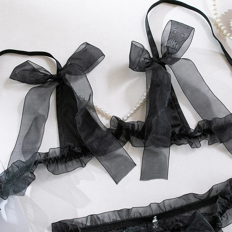 Erotic Lingerie Sexy Bra Pearl Bow Exposed Breast Panty Ribbon Underwear Set Woman Clothing Attractive Open Chest G-string Sets