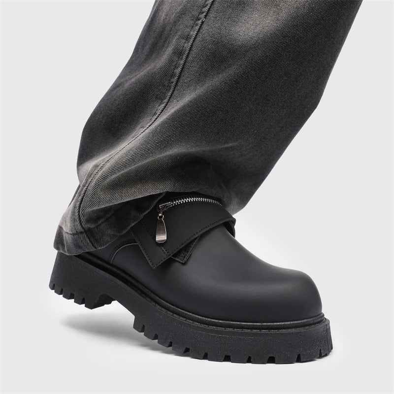 Men's Leather Shoes:Chunky-Soled Zipper Derby Shoes-Style Wide-Toe Casual Loafers#Business British Formal Luxury Black Driving46