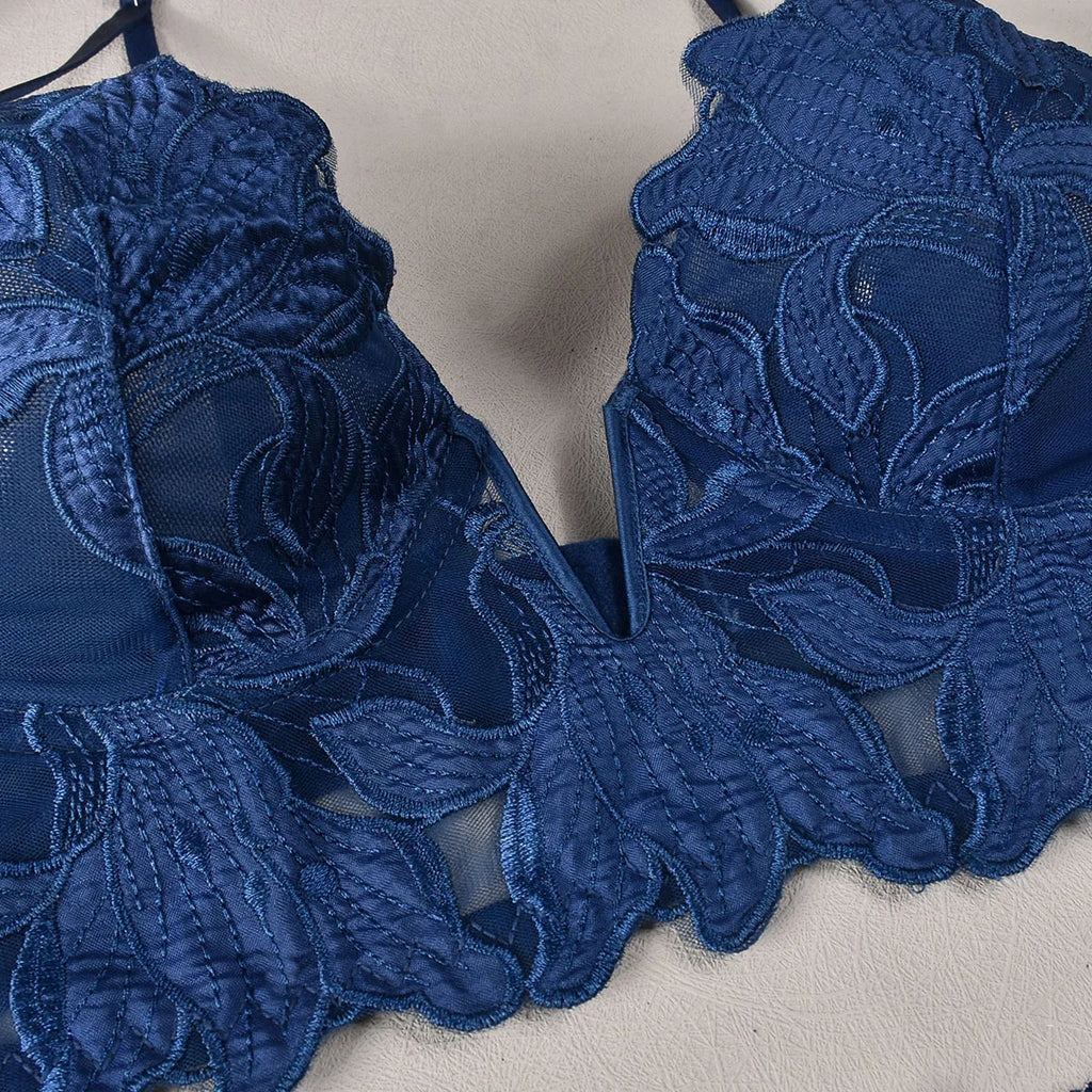 Sexy French Deep V Embroidery Mesh Lingerie Set Autumn Women's Ultra-thin Lace Bra and Panty Set Female Solid See Though Bra