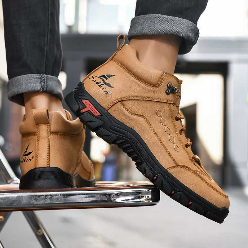 Men's High-Top Round-Toe Fashion Boots Lace-Up Outdoor Hiking Shoes Spring/Fall Thick-Sole Casual Oversized Men's Shoes