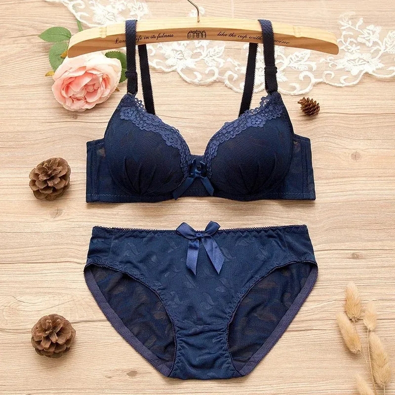 2pcs/set Solid Color Lace Bow Sexy No Steel Rings Comfortable Girls Bra Gather Adjustable Bra Panties Set Teen Underwear Puberty
