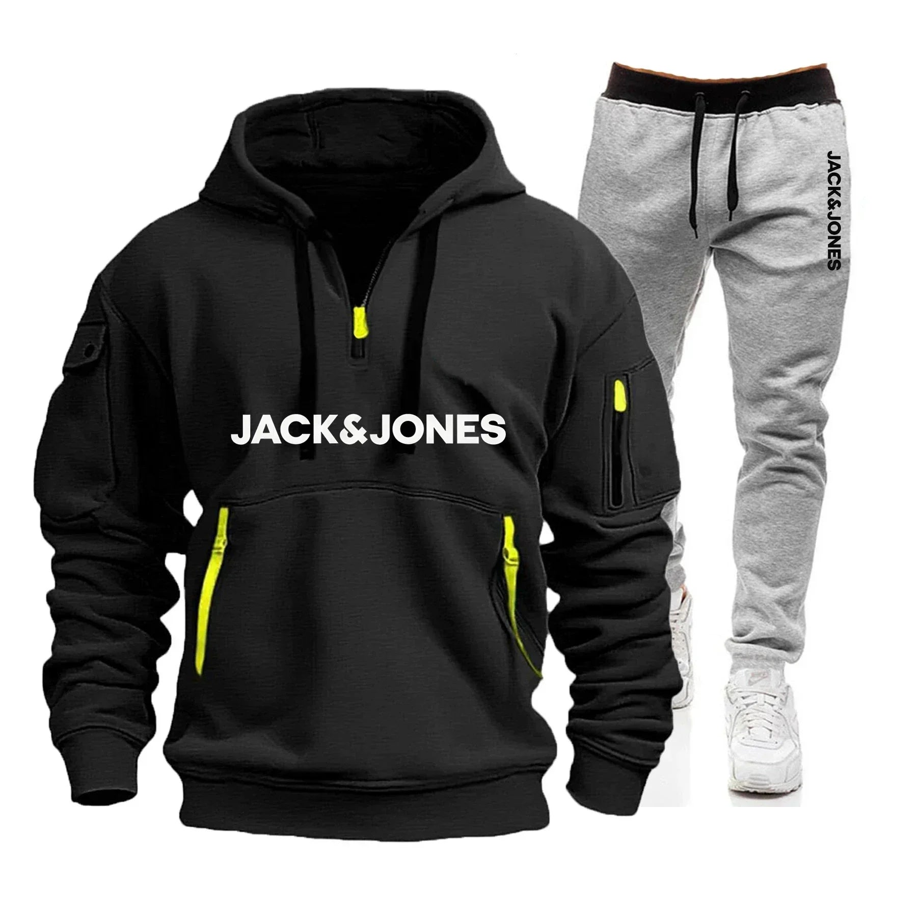 A two-piece outdoor fashion jogging and fitness set for men in autumn and winter, featuring a hooded sweatshirt and casual pants