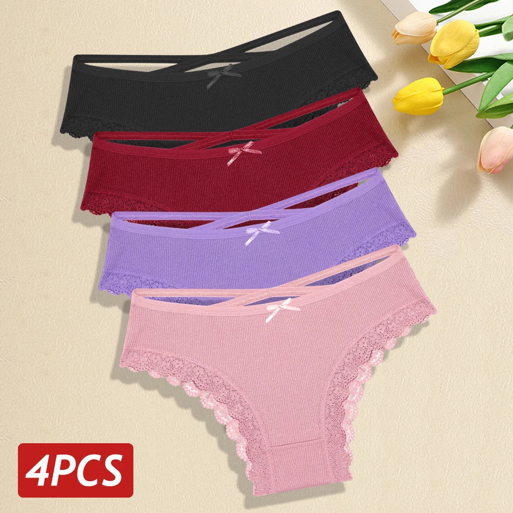 4PCS/Set Women Cotton Panties Sexy Lace Braizlian Panties Low Rise Hollow Out Underwear for Female Cute Bow Breathable Lingerie