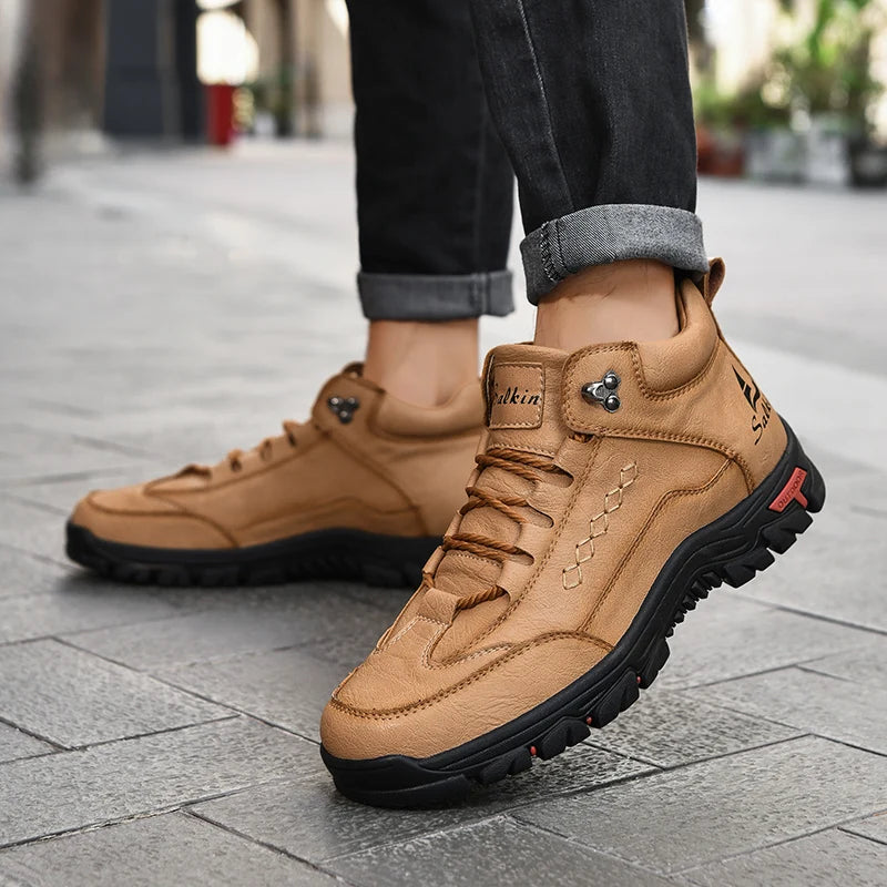 Men's High-Top Round-Toe Fashion Boots Lace-Up Outdoor Hiking Shoes Spring/Fall Thick-Sole Casual Oversized Men's Shoes