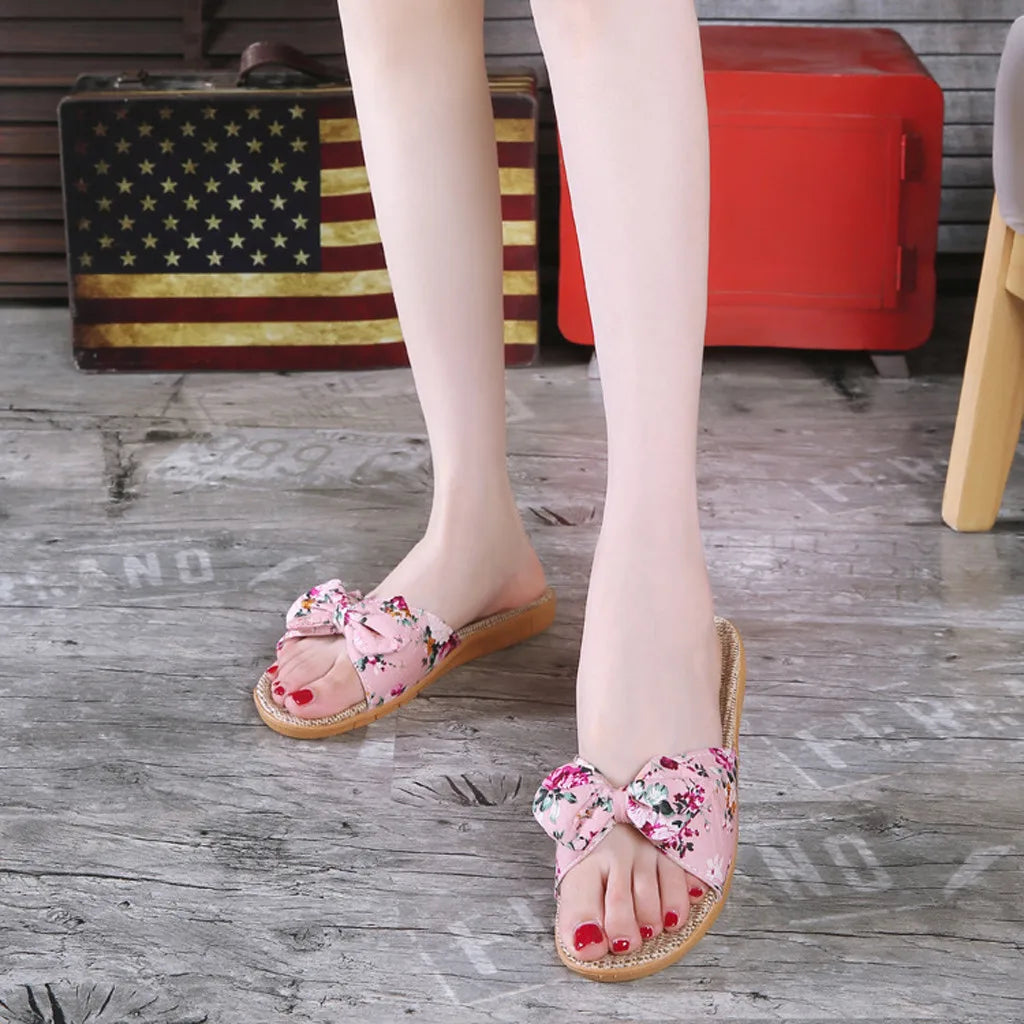 Shoes For Woman Sandalias Mujer Women Female Bowknot Flax Linen Flip Flops Beach Shoes Sandals Slipper Chaussures Femme