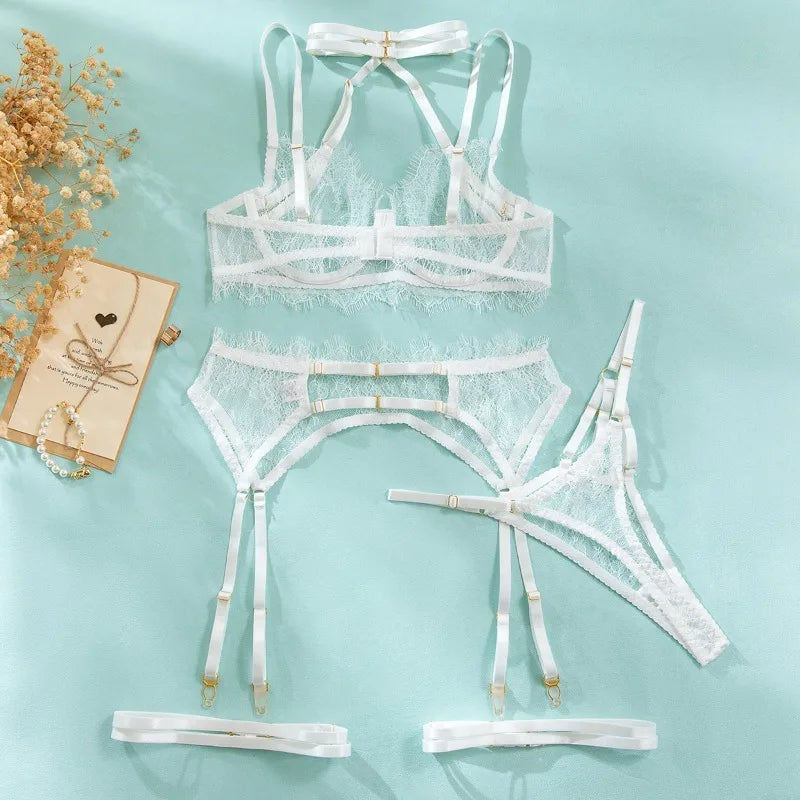 Lingeries Sexy Hot Eyelash Lace Trim Bandage Bra and Panty Lingerie Sets with Garter Belts Women's 3-Pieces Sets Erotic Costumes