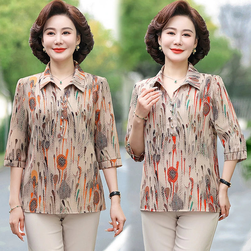 Summer Plus Size Shirt For Women's 2025 Printed Loose Top Mulberry Silk Blended Vacation Work Women's Clothing