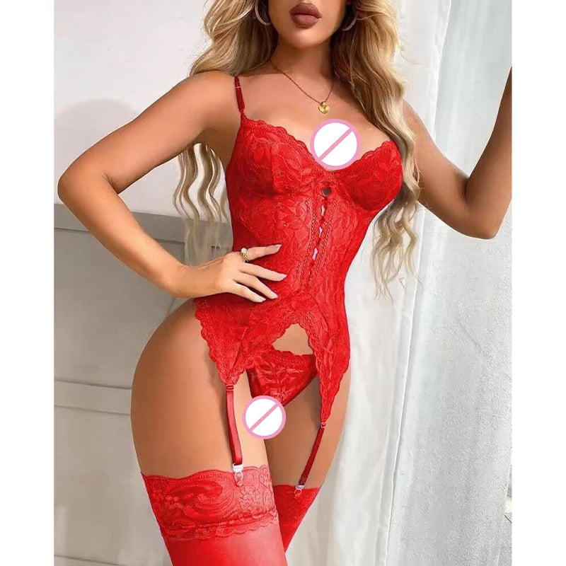 Lingerie Fancy Lace Underwear 3-Piece Transparent Spliced Bra And Panty Set Garter Intimate Women's Underwear Lingerie