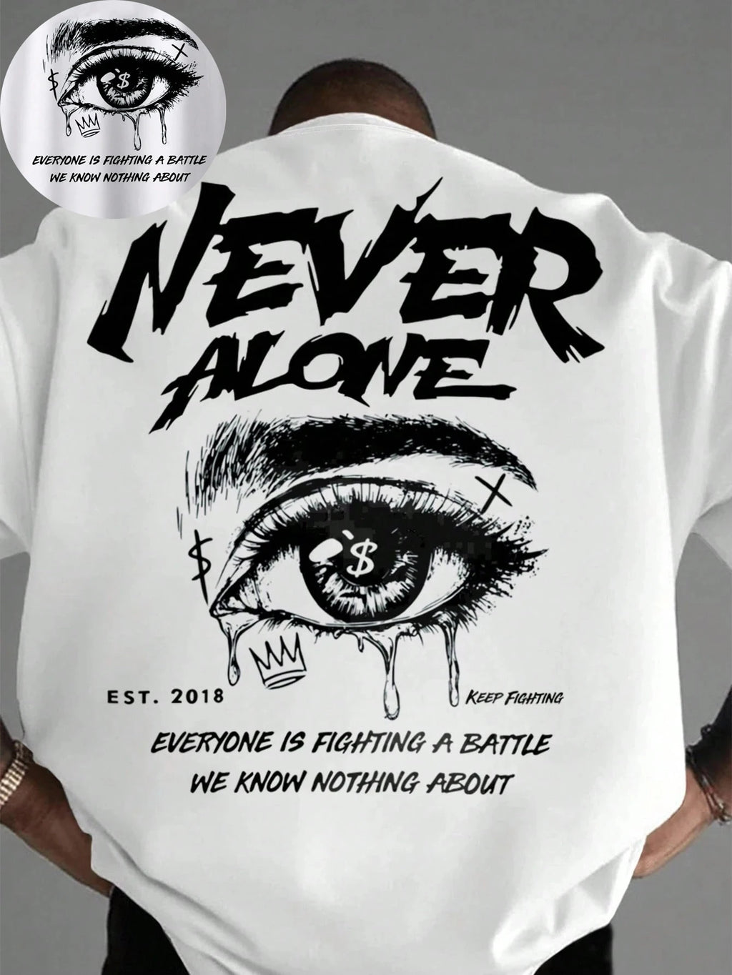 Summer Never Alone Eye Printing Cotton T-Shirts Mens Short Sleeve T Shirts Oversized O-Neck Soft Tops Casual Street Male Clothes