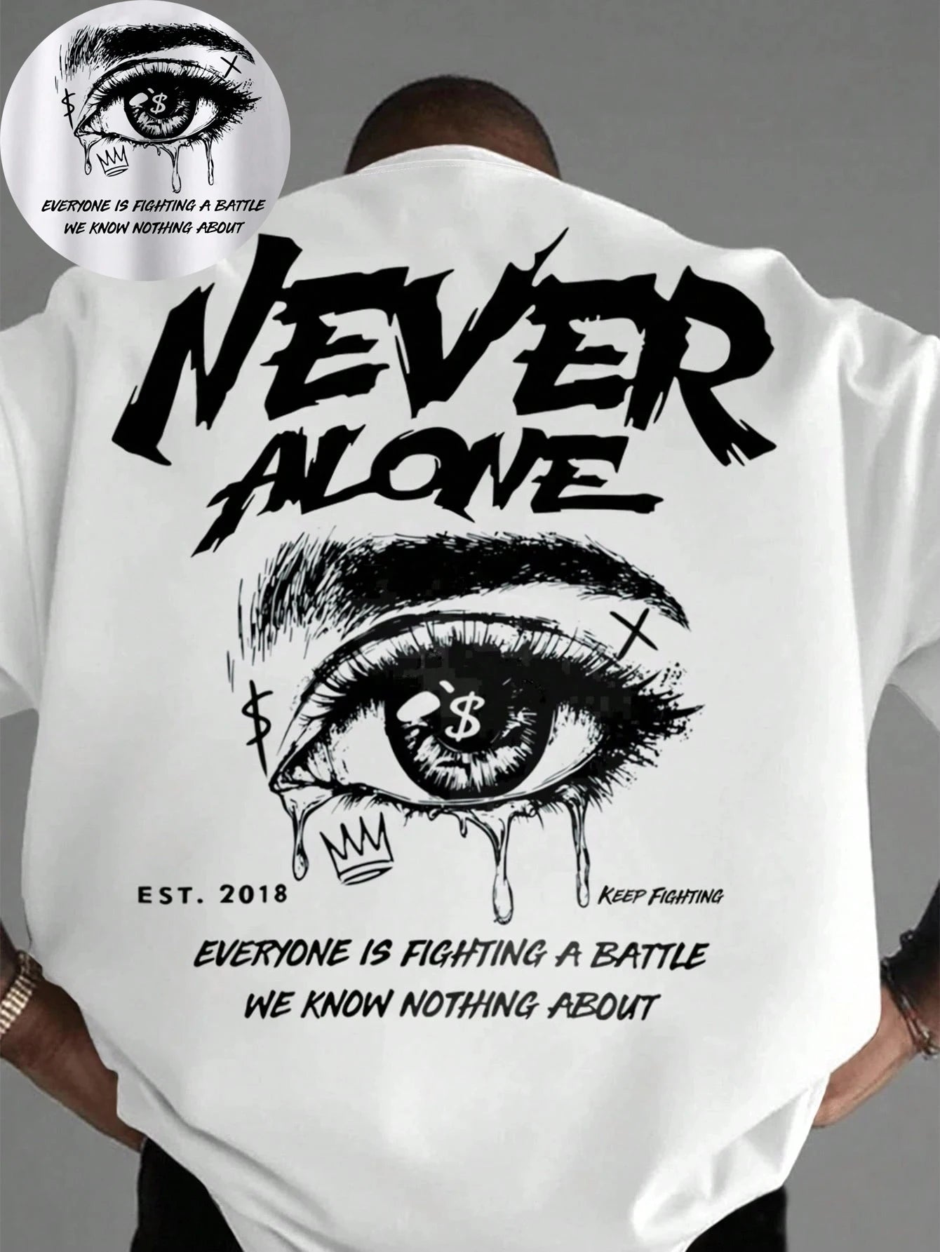 Summer Never Alone Eye Printing Cotton T-Shirts Mens Short Sleeve T Shirts Oversized O-Neck Soft Tops Casual Street Male Clothes