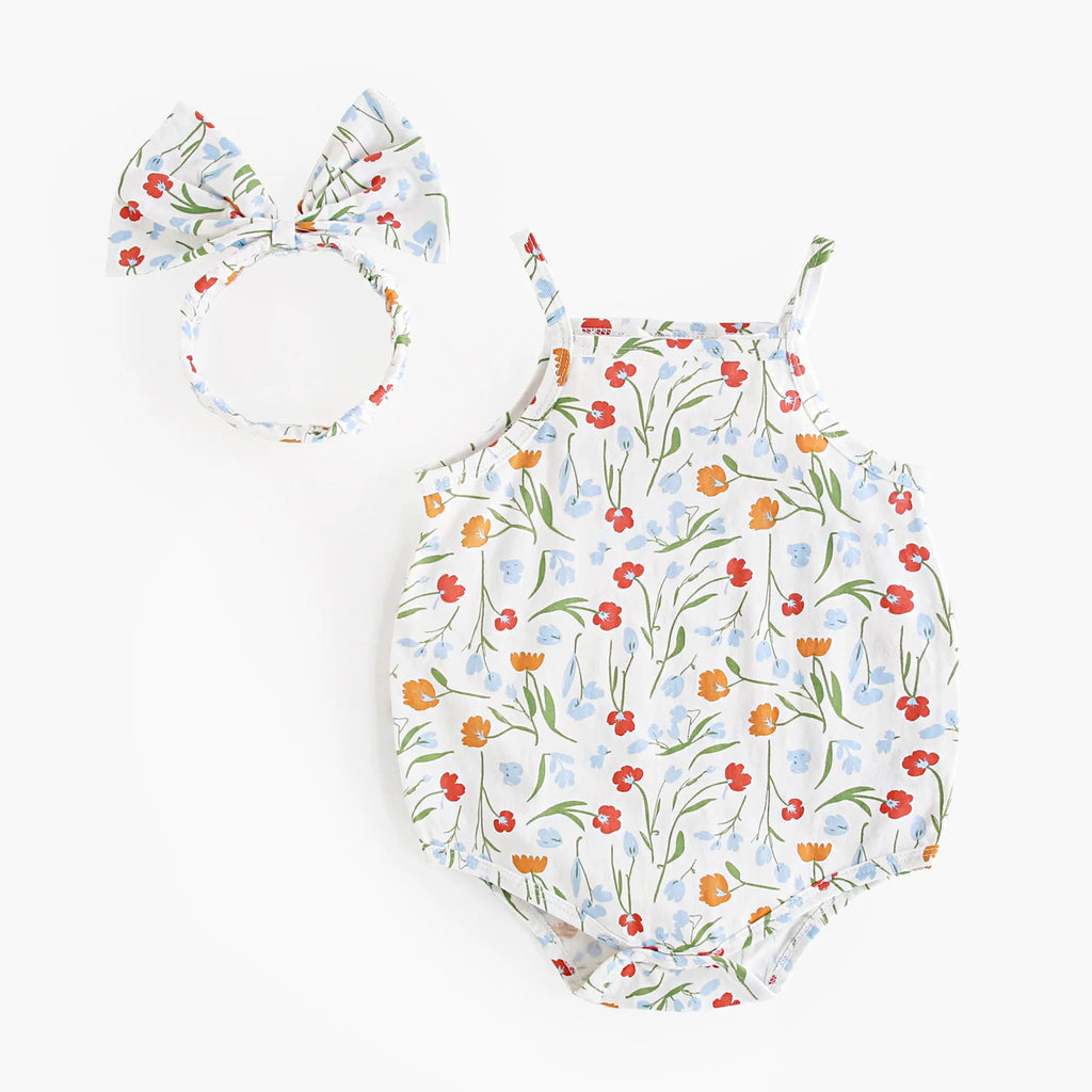 Summer Baby Girls Bodysuits Sweet  Infants Flower Onesies with Headband Cute