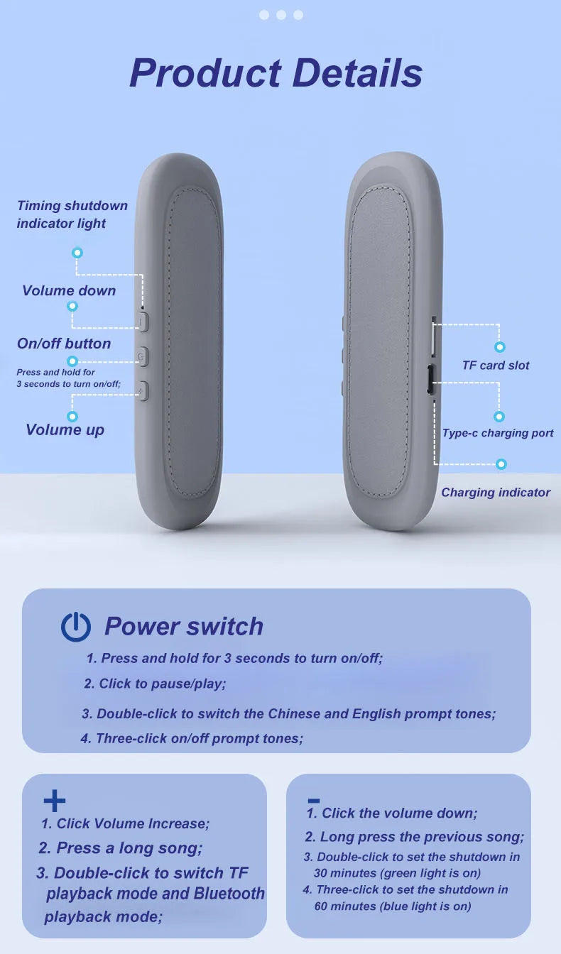 Bluetooth 5.4 Under Pillow Speaker Bone Conduction Speaker Noise Reduction Stereo Music Player with TF Card Slot Timed Shutdown