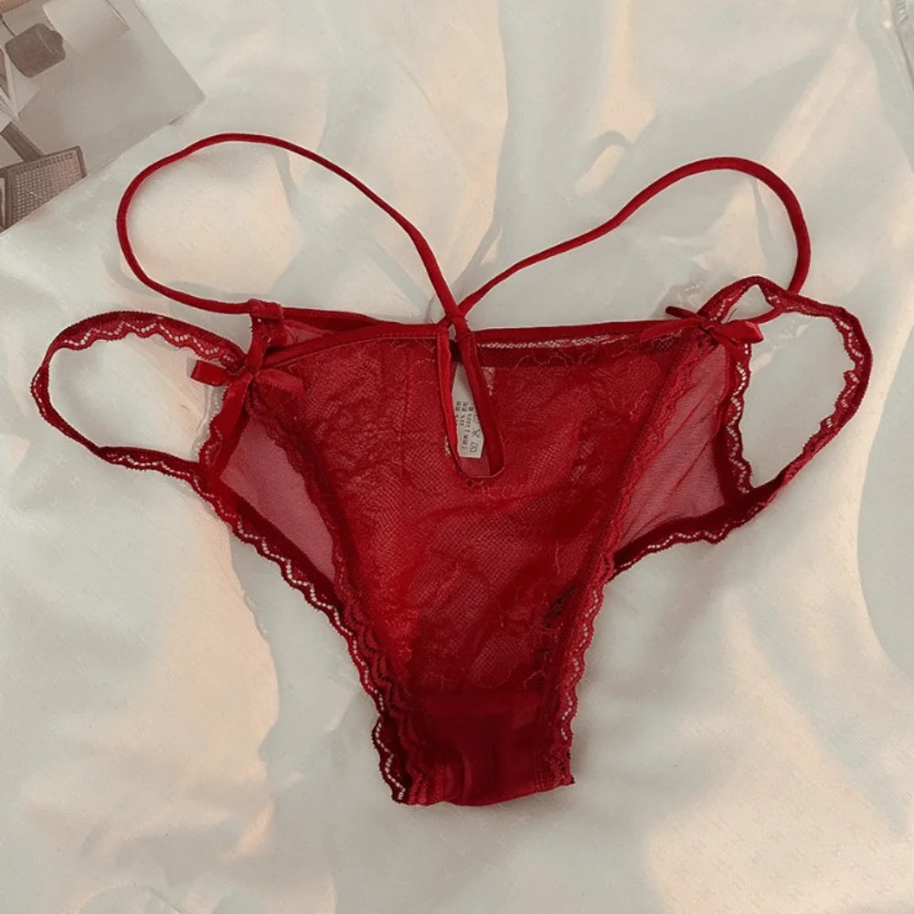 Lingerie Bow Lace Flower Panties Transparent Hollow Lace Mesh Briefs Low Waist Thin Strap Women Underwear Girl