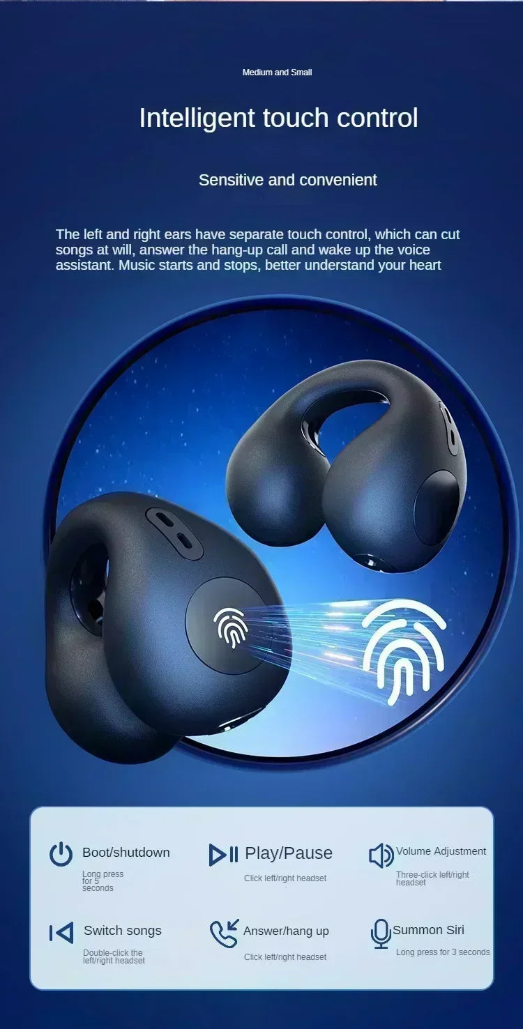 Bluetooth 5.3 Wireless Bone Conduction Headphones Clip Ear Music Noise Canceling Headset HD Call Sports Gaming Earphone