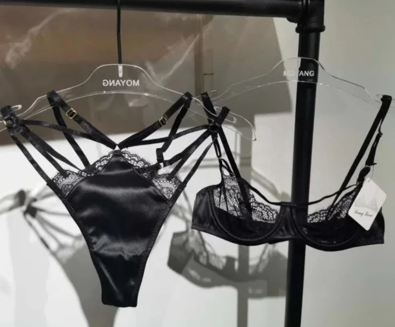 Ultra Thin Sexy Push Up Bra Set Lingerie See Through Satin Temptation Seductive Bra and Panty Set Underwear Bralette Lenceria