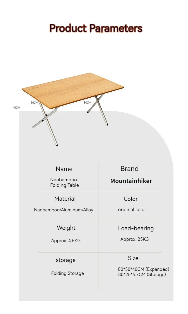 MOUNTAINHIKER Outdoor Camping Bamboo 2/3 Folding Table Portable Fast Storage Folding Desk Outdoor Dining Table Picnic BBQ Table