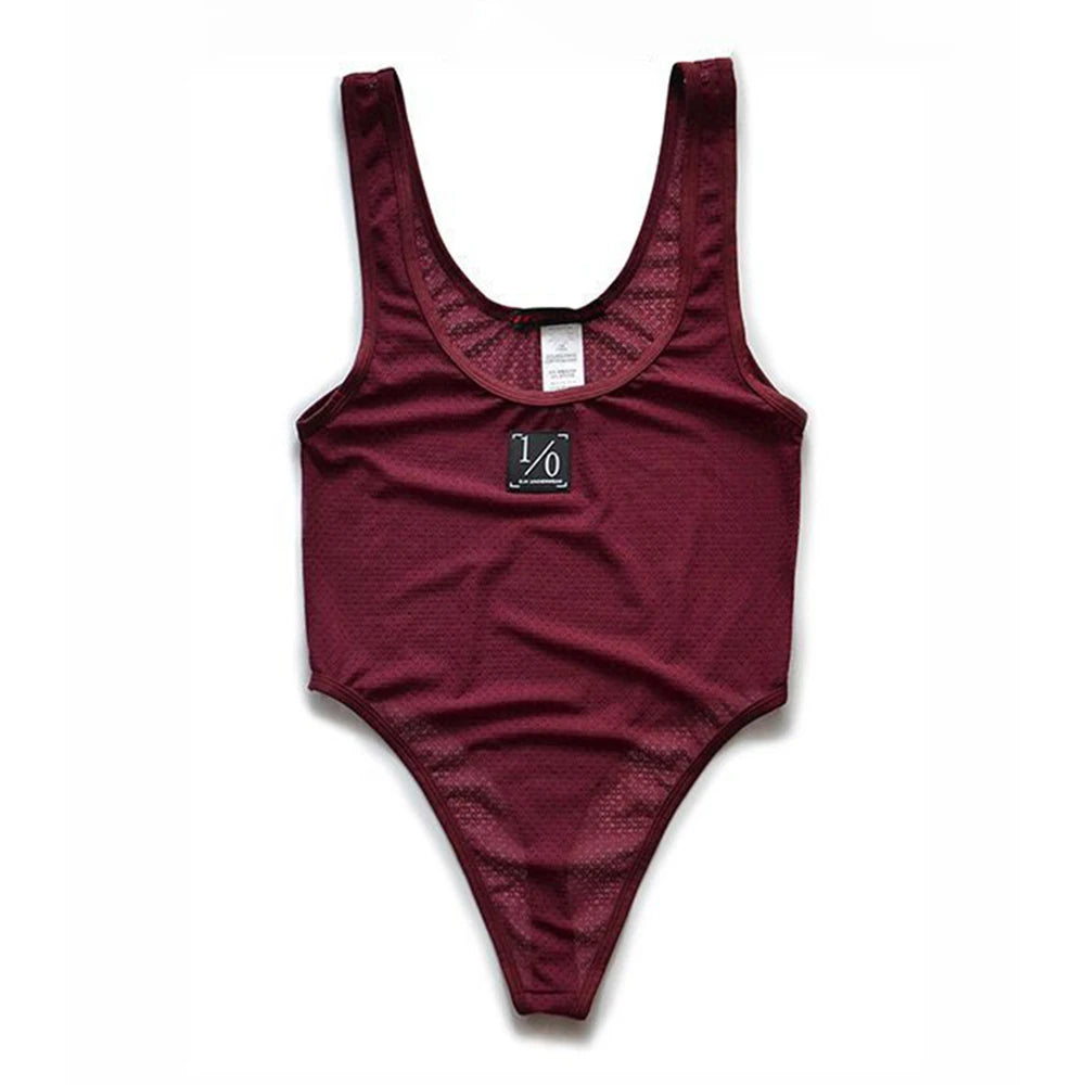 Men sexy tight mesh see-through jumpsuit body shaping fitness home breathable personalized comfort solid color underwear for men