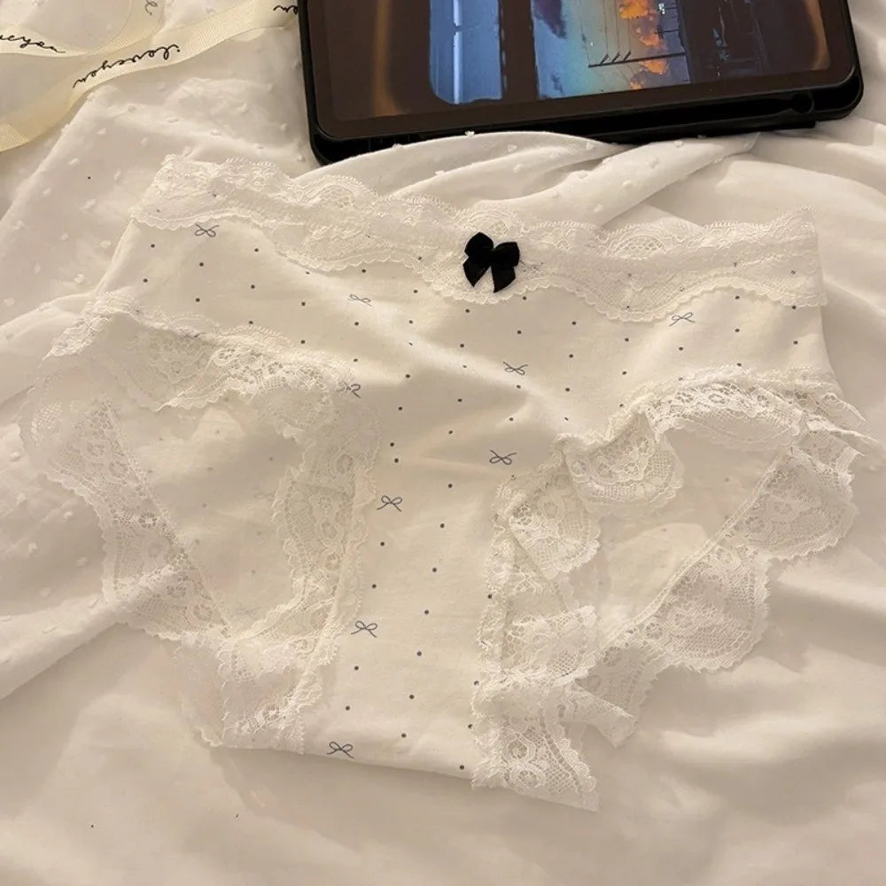 Lingerie Mid Waist Sweet Lace Panties Tulip Bow Underwear for Women Polka Dot Grid Floral Cotton Pnaties Female