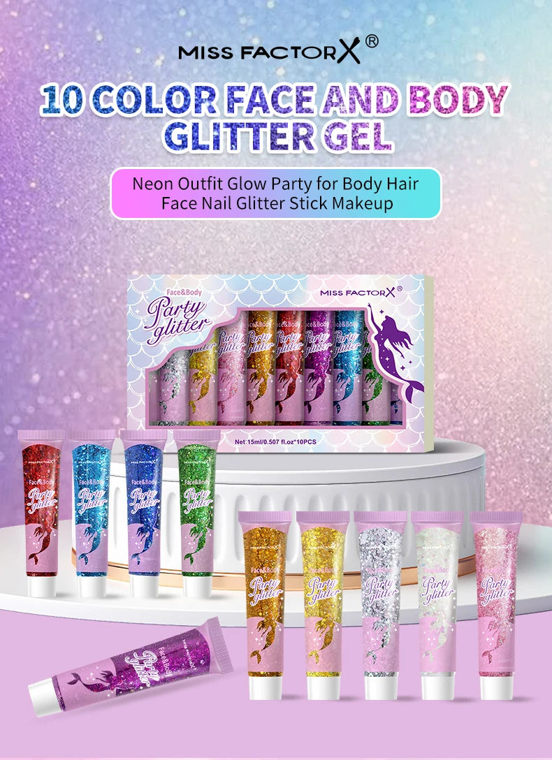 10 piece body glitter gel, carnival face glitter cosmetics suitable for women, shiny thick hair glitter, carnival accessories fo