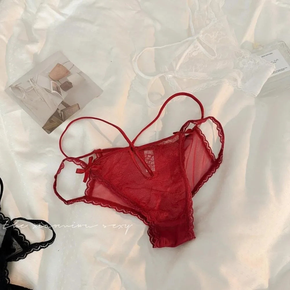 Lingerie Bow Lace Flower Panties Transparent Hollow Lace Mesh Briefs Low Waist Thin Strap Women Underwear Girl