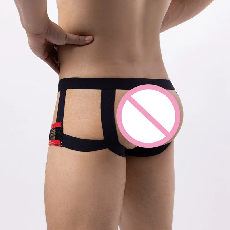 Lingerie Men Briefs Thong G-string String Homme PU Leather Mesh Patchwork Latex Panties Jockstrap Exotic Open Butt Gay Boxers