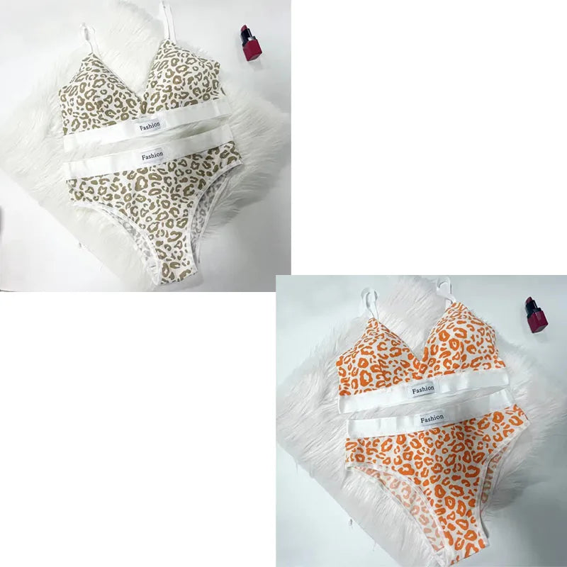 1/2/3/4Set Women Seamless Bra Set Low Waist Panties Leopard Bralette Sexy Vneck Sport Brassiere Female Cotton Underwear Set