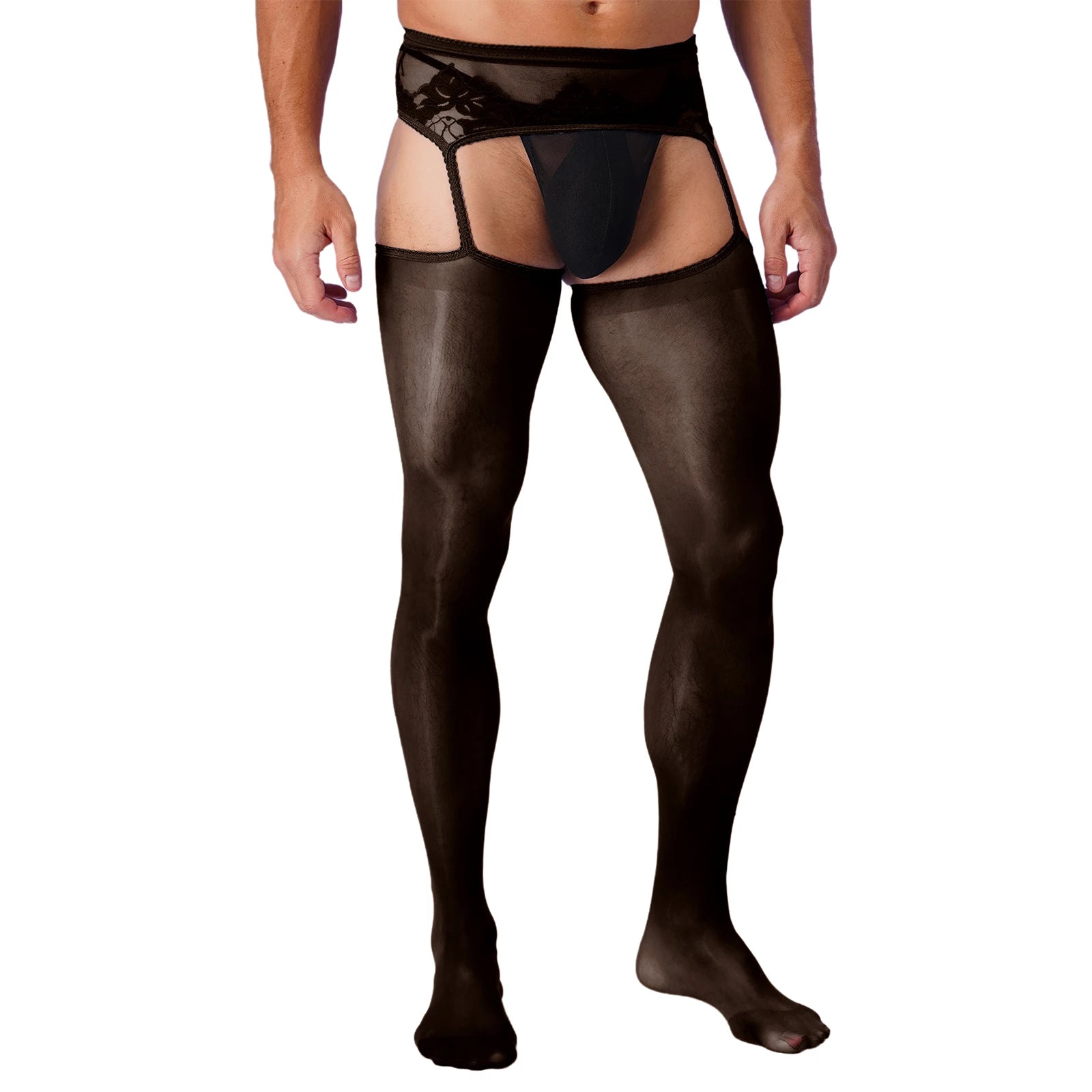 Lingerie Mens Ultra Thin Mesh Leggings Gays Pantyhose Floral Lace See Through Underpants Garter Stockings for Night Dating Wear